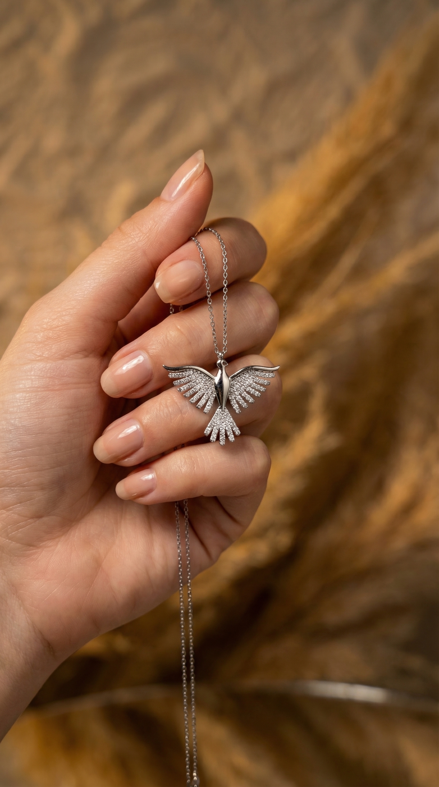 925 Ayar Gümüş Zirkon Taşlı Zümrüdüanka Kuşu Kolye – Özel Tasarım, Işıltılı Kadın Hediyelik Takı